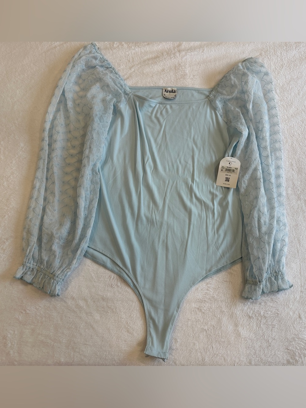 ARULA Pale Blue Lace Puff-Sleeve Bodysuit